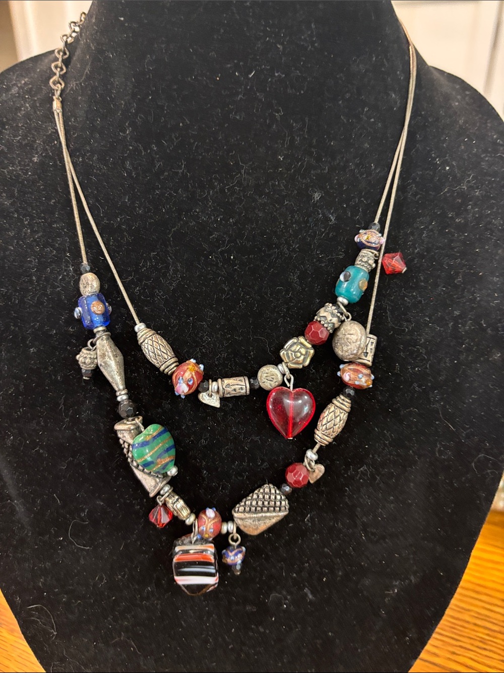 Chicoโs Multi-Color Glass & Silver Bead Heart Necklace - Women